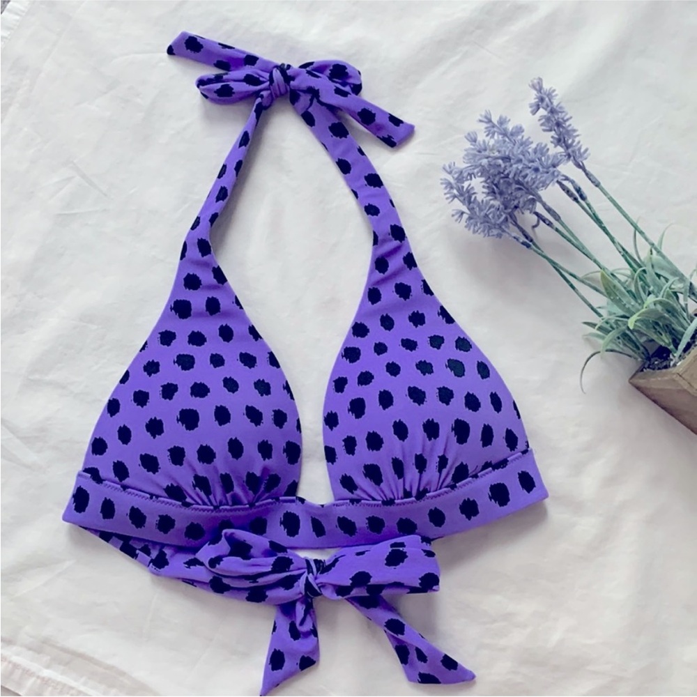 NWOT Victoria’s secret swim purple/black polkadots halter push-up top, size XS